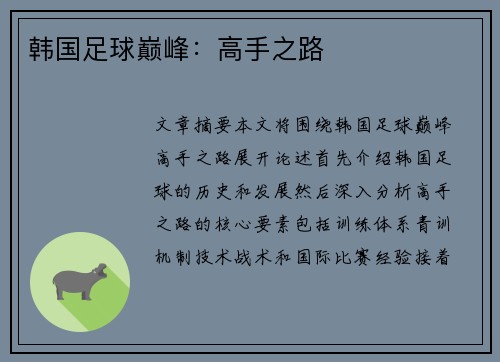 韩国足球巅峰：高手之路